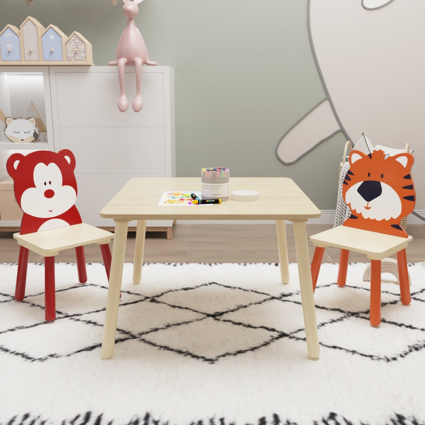 Kids Table & 2 Chairs Set, 3Pc Toddler Wooden Activity Play Set