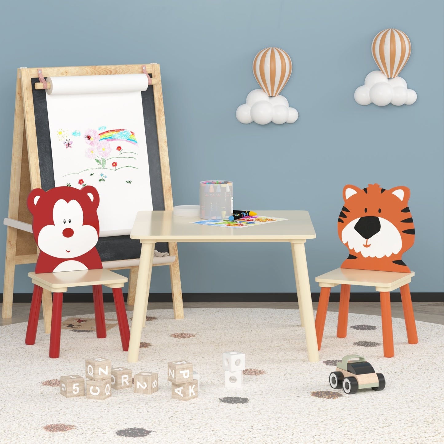 Kids Table & 2 Chairs Set, 3Pc Toddler Wooden Activity Play Set