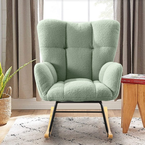 Teddy Fabric Rocking Chair, Modern Rocking Accent Chair For Nursery, Living Room, Bedroom, Light Geen